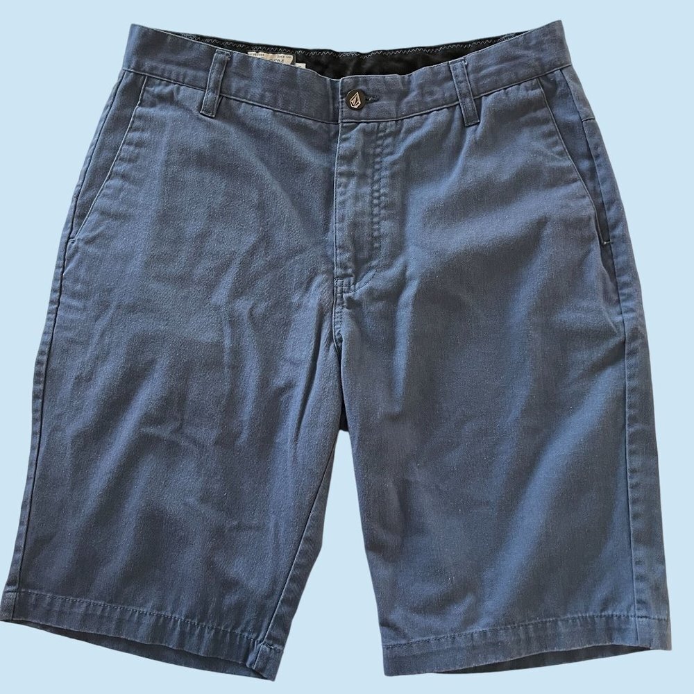 Volcom Shorts Mens 30x10 Solid Blue‎ Flat Front Chino Slash Pockets Cotton Blend